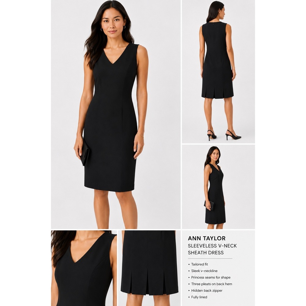 Ann Taylor Black Sleeveless V-Neck Sheath Dress Pleated Hem Size 4
